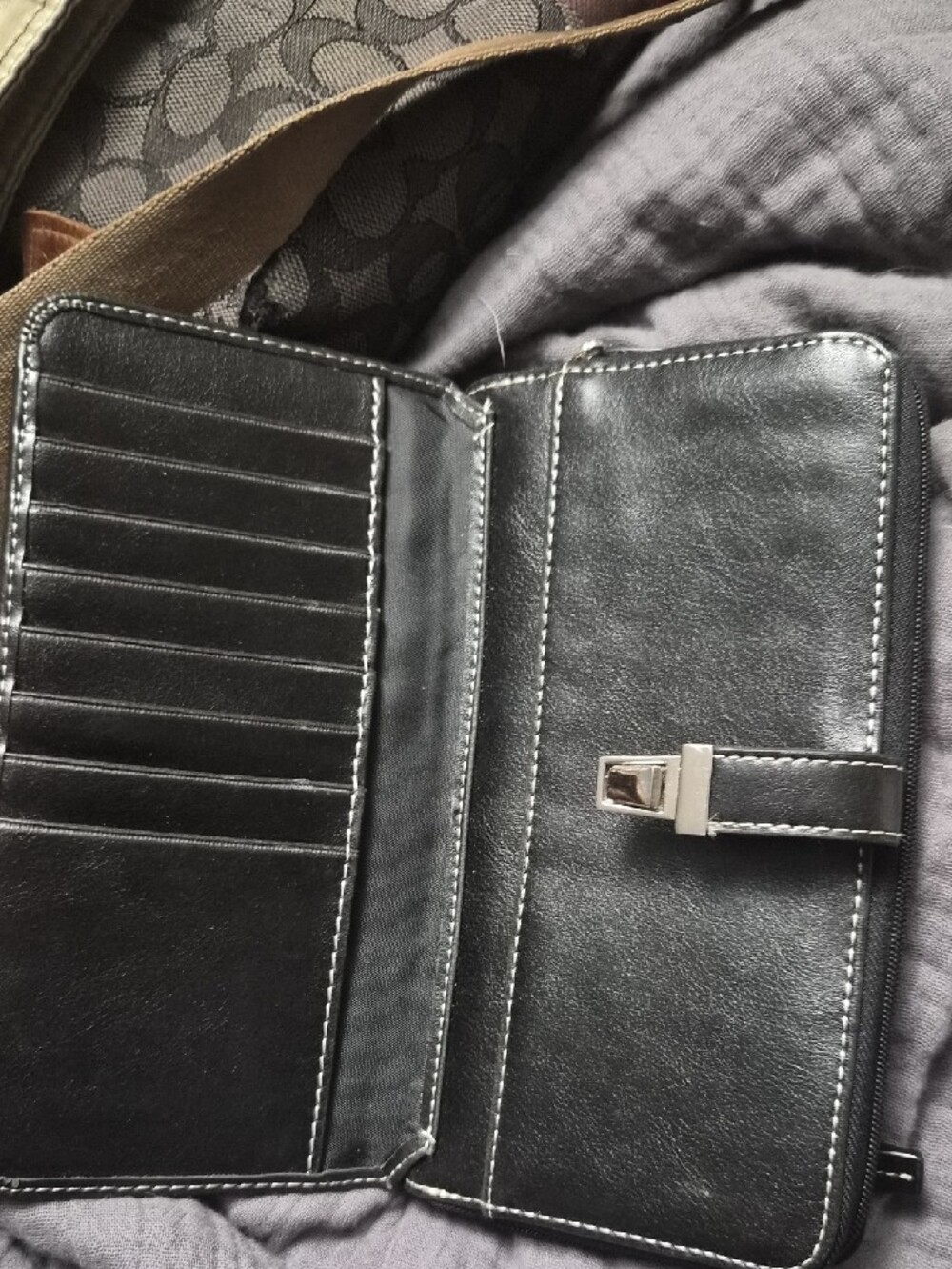 Black Leather Zip-Around Wallet with Silver Logo - Picture 2 of 3